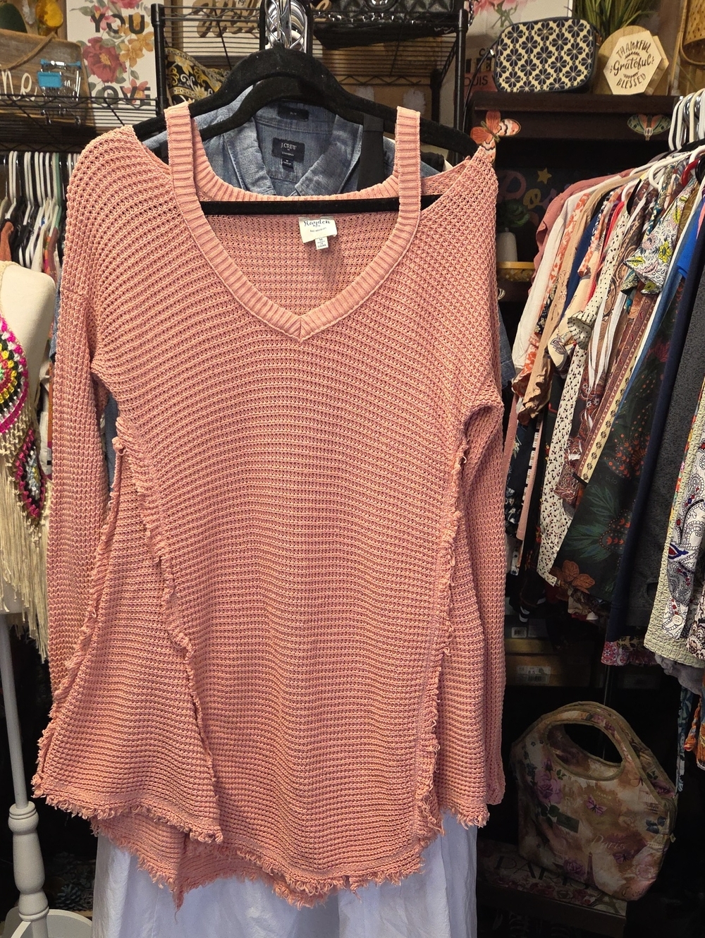 Hayden Pink Washed Knit V-Neck Cold-Shoulder Sweater